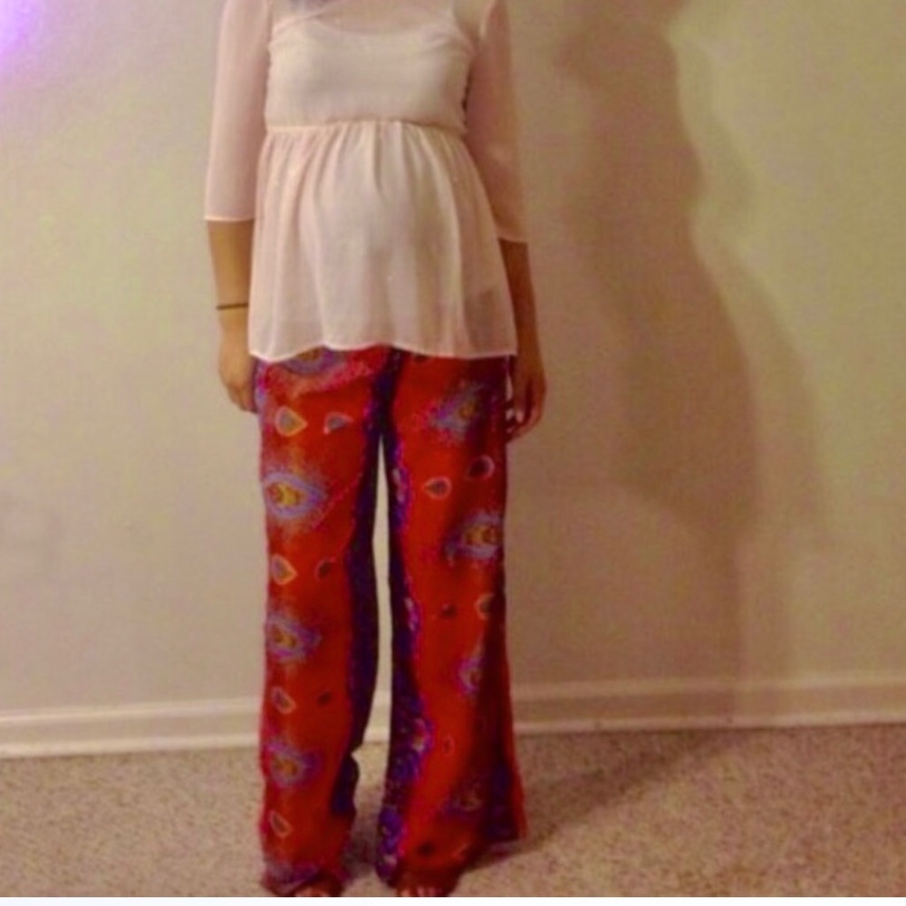 Coral Paisley Print Wide Leg Pants - Picture 3 of 4